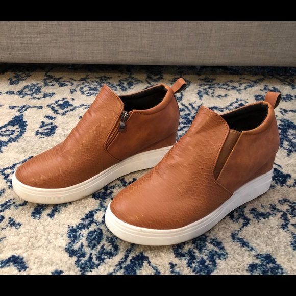 camel colored wedge sneakers